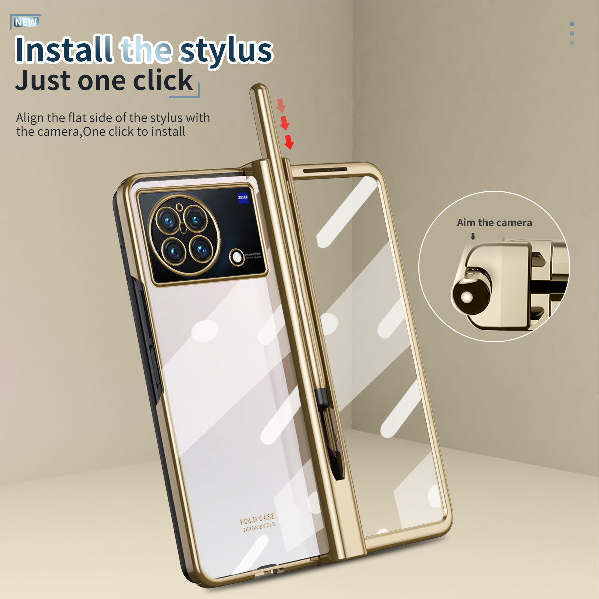 For vivo X Fold Tempered Glass Film Electroplating Phone Case Pen Slot Hinge Folding Hard PC Cover with Stylus Pen - Gold