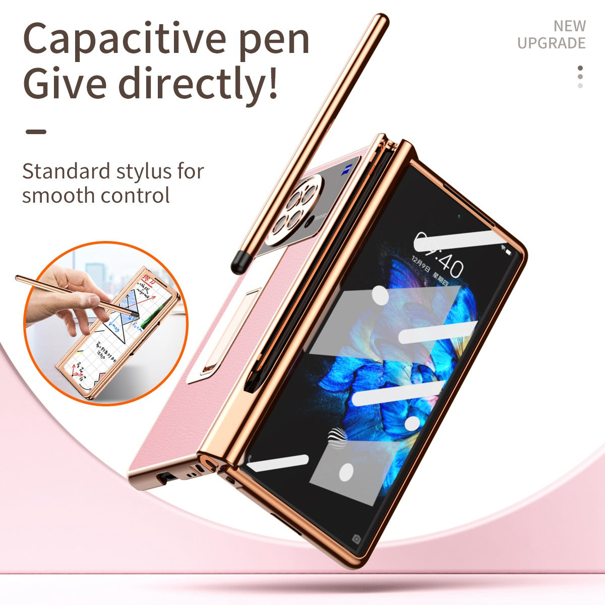 For vivo X Fold Hinge Protection PU Leather + Hard PC Shell Light Thin Anti-scratch Electroplating Kickstand Cover with Bulit-in Tempered Glass Screen Protector and S Pen - Pink