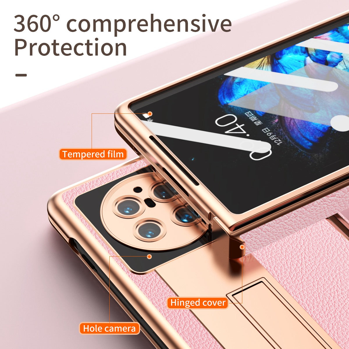 For vivo X Fold Hinge Protection PU Leather + Hard PC Shell Light Thin Anti-scratch Electroplating Kickstand Cover with Bulit-in Tempered Glass Screen Protector and S Pen - Pink