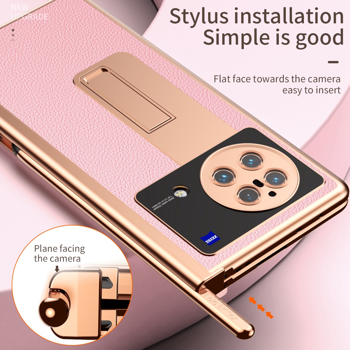 For vivo X Fold Hinge Protection PU Leather + Hard PC Shell Light Thin Anti-scratch Electroplating Kickstand Cover with Bulit-in Tempered Glass Screen Protector and S Pen - Pink