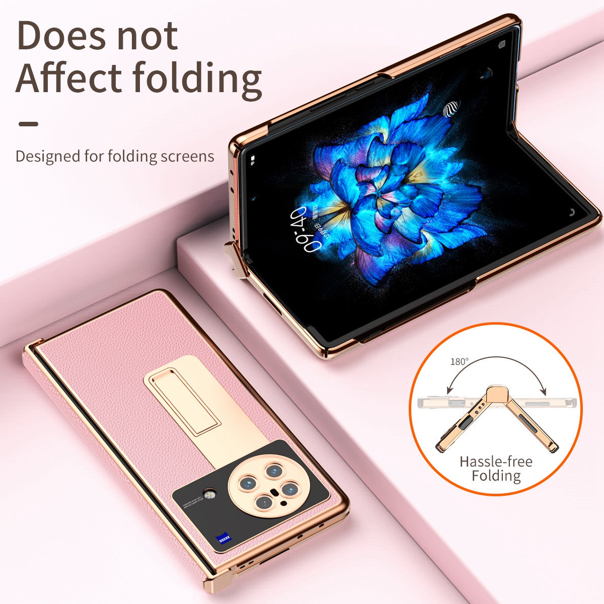 For vivo X Fold Hinge Protection PU Leather + Hard PC Shell Light Thin Anti-scratch Electroplating Kickstand Cover with Bulit-in Tempered Glass Screen Protector and S Pen - Pink