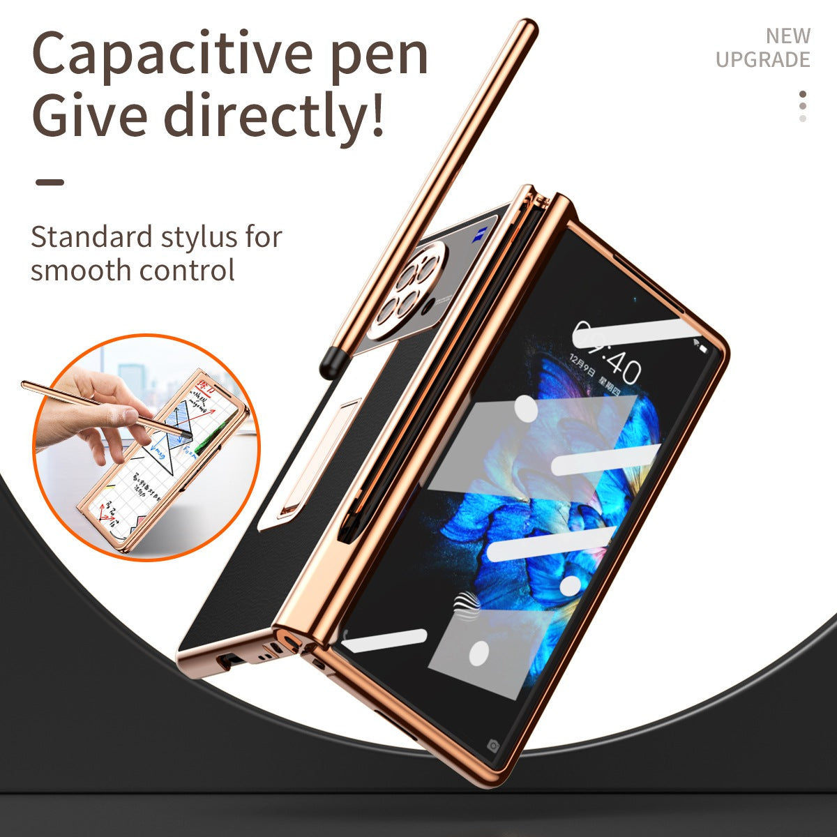 For vivo X Fold Hinge Protection PU Leather + Hard PC Shell Light Thin Anti-scratch Electroplating Kickstand Cover with Bulit-in Tempered Glass Screen Protector and S Pen - Black