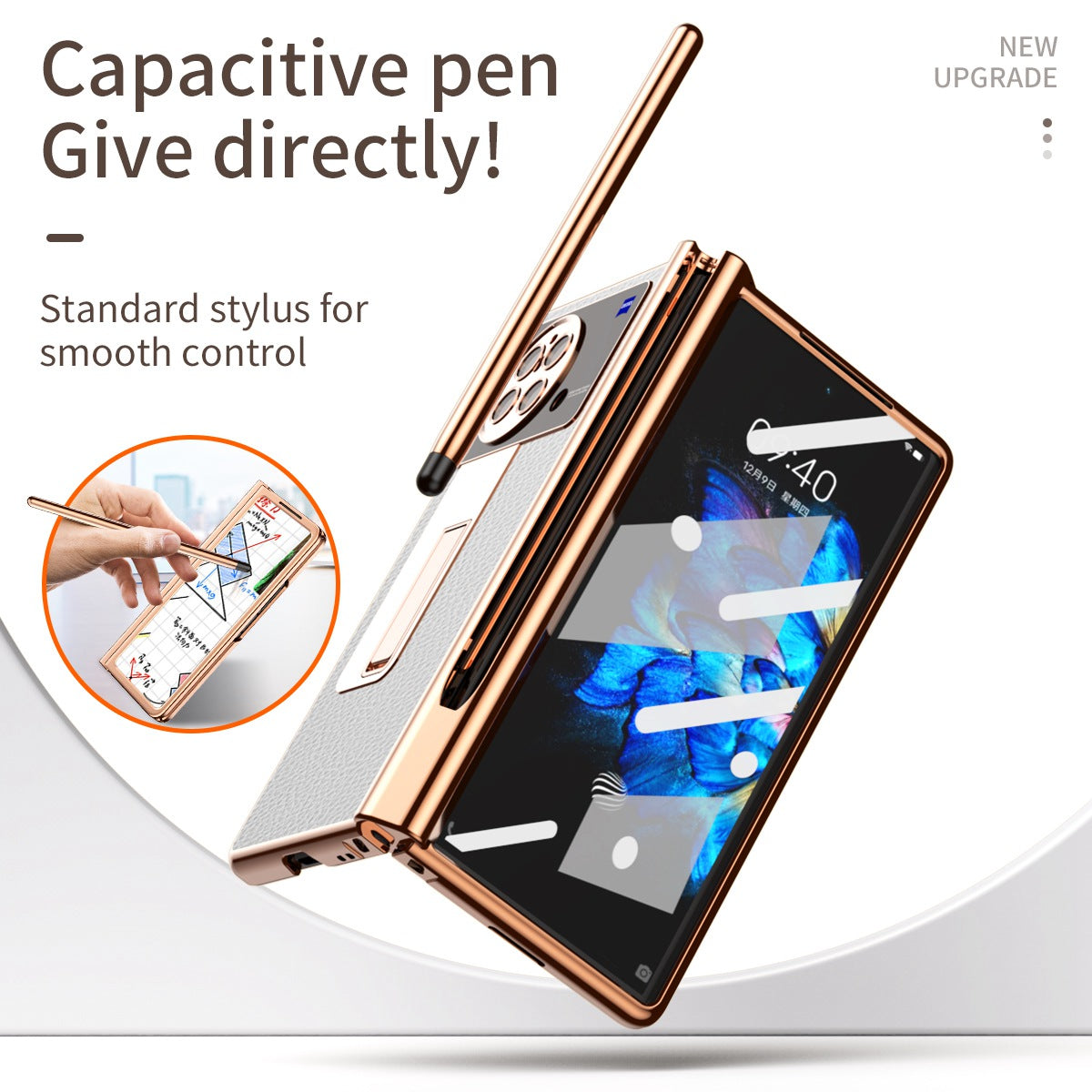 For vivo X Fold Hinge Protection PU Leather + Hard PC Shell Light Thin Anti-scratch Electroplating Kickstand Cover with Bulit-in Tempered Glass Screen Protector and S Pen - White