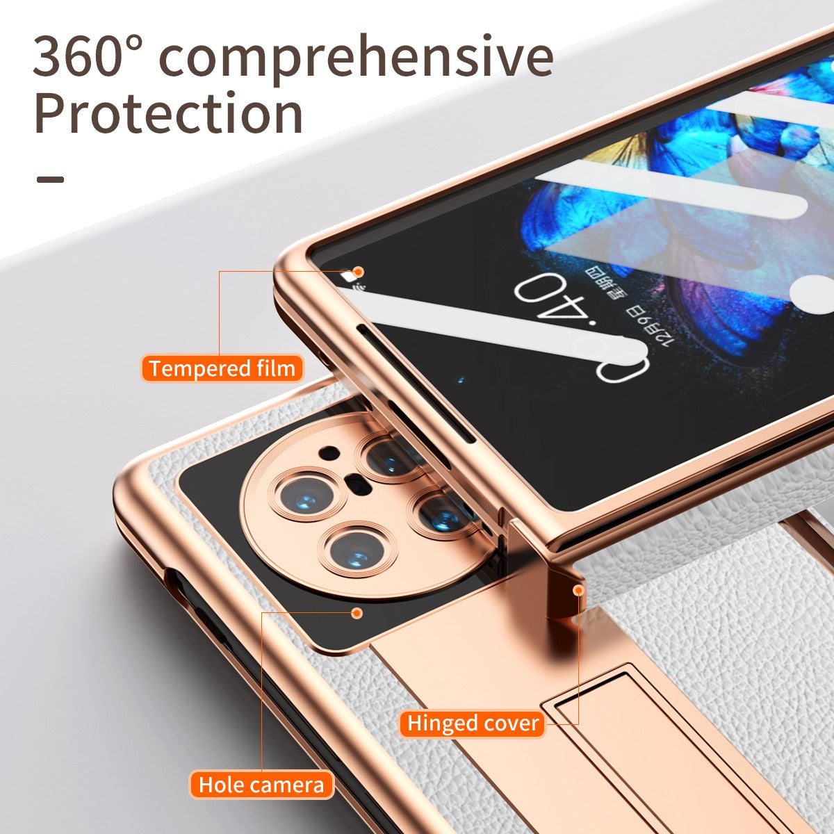 For vivo X Fold Hinge Protection PU Leather + Hard PC Shell Light Thin Anti-scratch Electroplating Kickstand Cover with Bulit-in Tempered Glass Screen Protector and S Pen - White