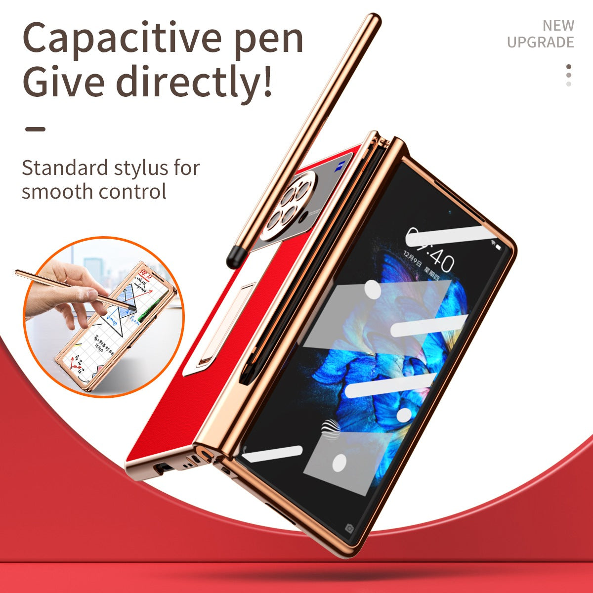 For vivo X Fold Hinge Protection PU Leather + Hard PC Shell Light Thin Anti-scratch Electroplating Kickstand Cover with Bulit-in Tempered Glass Screen Protector and S Pen - Red