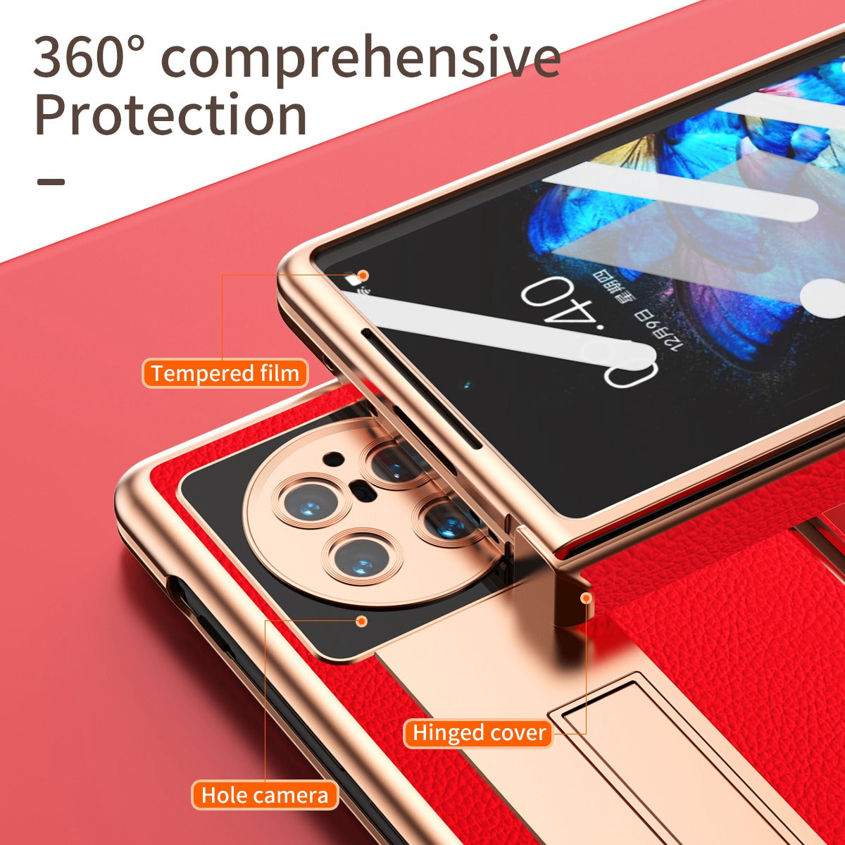 For vivo X Fold Hinge Protection PU Leather + Hard PC Shell Light Thin Anti-scratch Electroplating Kickstand Cover with Bulit-in Tempered Glass Screen Protector and S Pen - Red