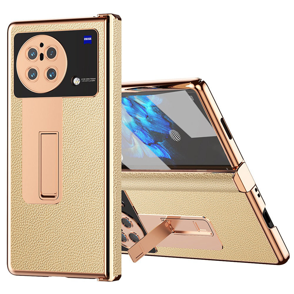 For vivo X Fold Hinge Protection PU Leather + Hard PC Shell Light Thin Anti-scratch Electroplating Kickstand Cover with Bulit-in Tempered Glass Screen Protector and S Pen - Gold