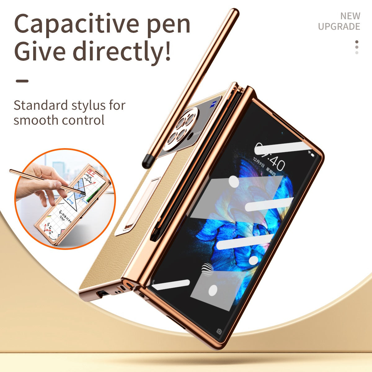 For vivo X Fold Hinge Protection PU Leather + Hard PC Shell Light Thin Anti-scratch Electroplating Kickstand Cover with Bulit-in Tempered Glass Screen Protector and S Pen - Gold