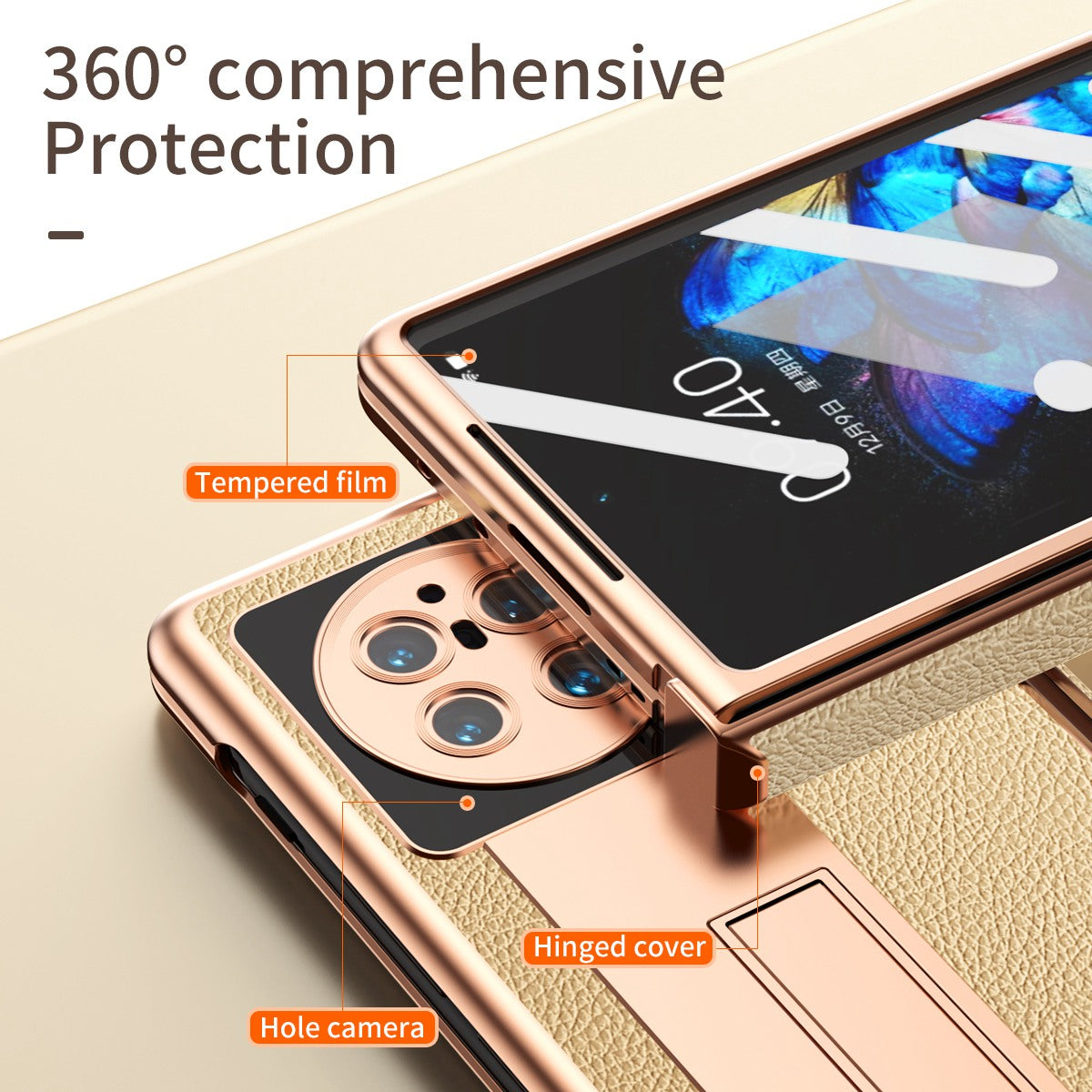 For vivo X Fold Hinge Protection PU Leather + Hard PC Shell Light Thin Anti-scratch Electroplating Kickstand Cover with Bulit-in Tempered Glass Screen Protector and S Pen - Gold