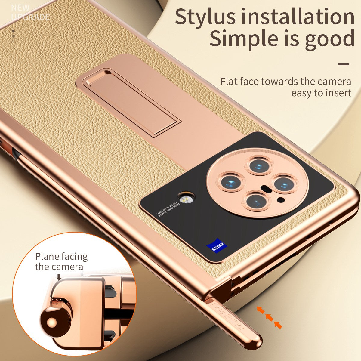 For vivo X Fold Hinge Protection PU Leather + Hard PC Shell Light Thin Anti-scratch Electroplating Kickstand Cover with Bulit-in Tempered Glass Screen Protector and S Pen - Gold