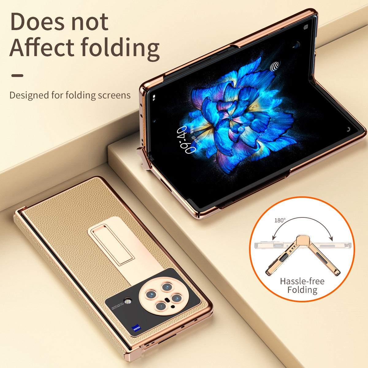 For vivo X Fold Hinge Protection PU Leather + Hard PC Shell Light Thin Anti-scratch Electroplating Kickstand Cover with Bulit-in Tempered Glass Screen Protector and S Pen - Gold