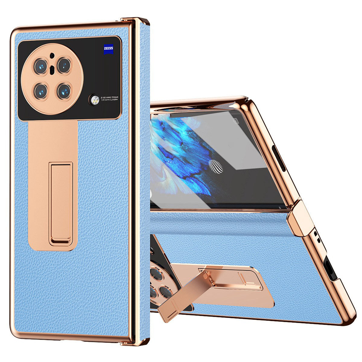 For vivo X Fold Hinge Protection PU Leather + Hard PC Shell Light Thin Anti-scratch Electroplating Kickstand Cover with Bulit-in Tempered Glass Screen Protector and S Pen - Blue