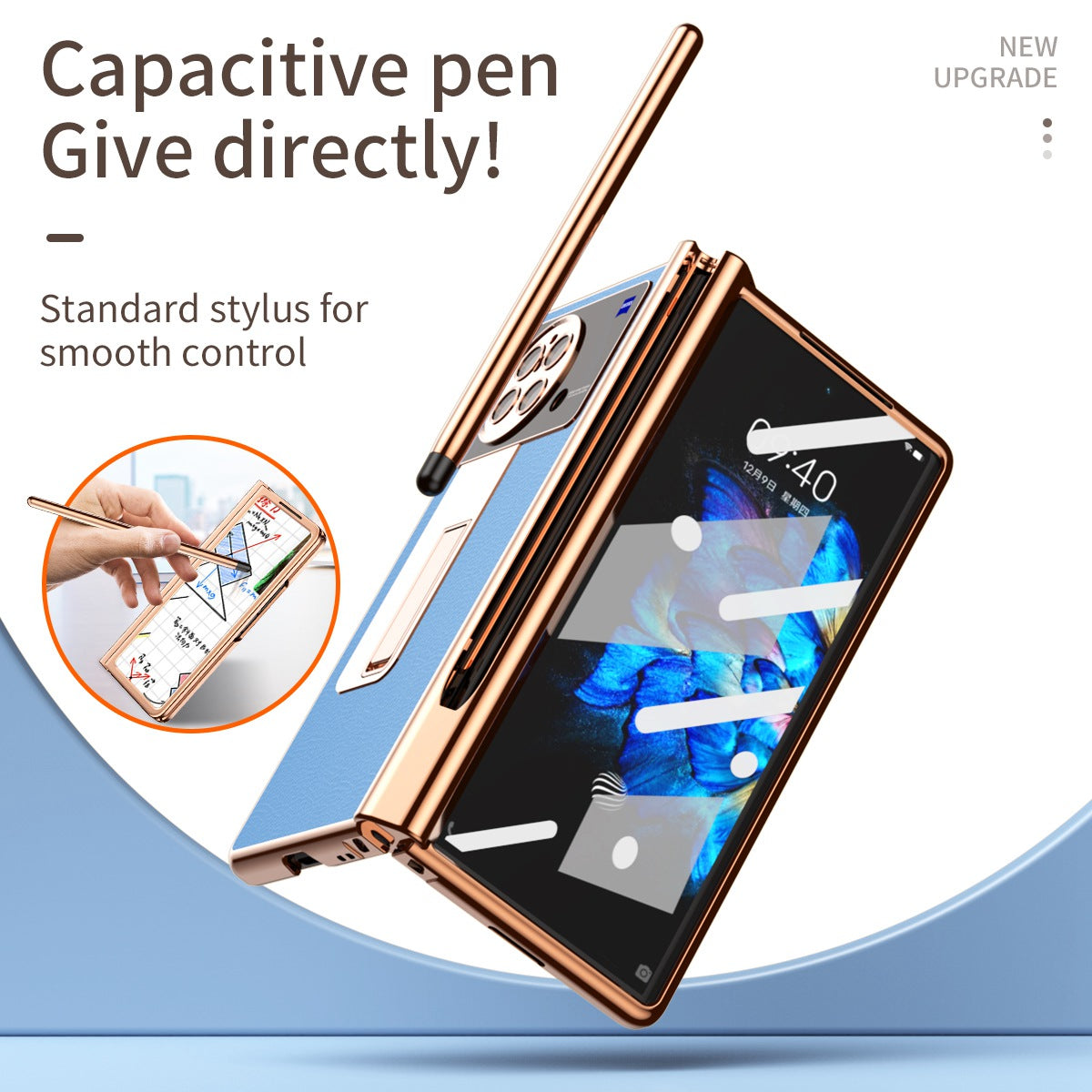 For vivo X Fold Hinge Protection PU Leather + Hard PC Shell Light Thin Anti-scratch Electroplating Kickstand Cover with Bulit-in Tempered Glass Screen Protector and S Pen - Blue