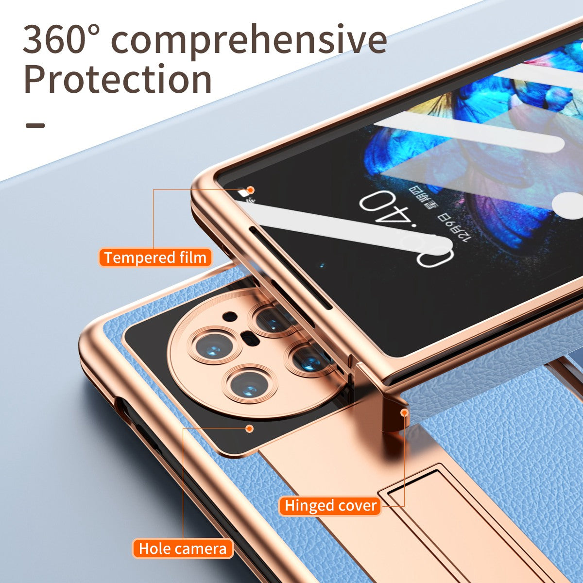 For vivo X Fold Hinge Protection PU Leather + Hard PC Shell Light Thin Anti-scratch Electroplating Kickstand Cover with Bulit-in Tempered Glass Screen Protector and S Pen - Blue