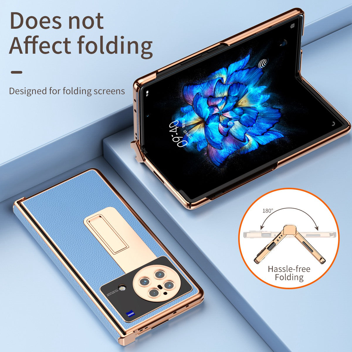 For vivo X Fold Hinge Protection PU Leather + Hard PC Shell Light Thin Anti-scratch Electroplating Kickstand Cover with Bulit-in Tempered Glass Screen Protector and S Pen - Blue