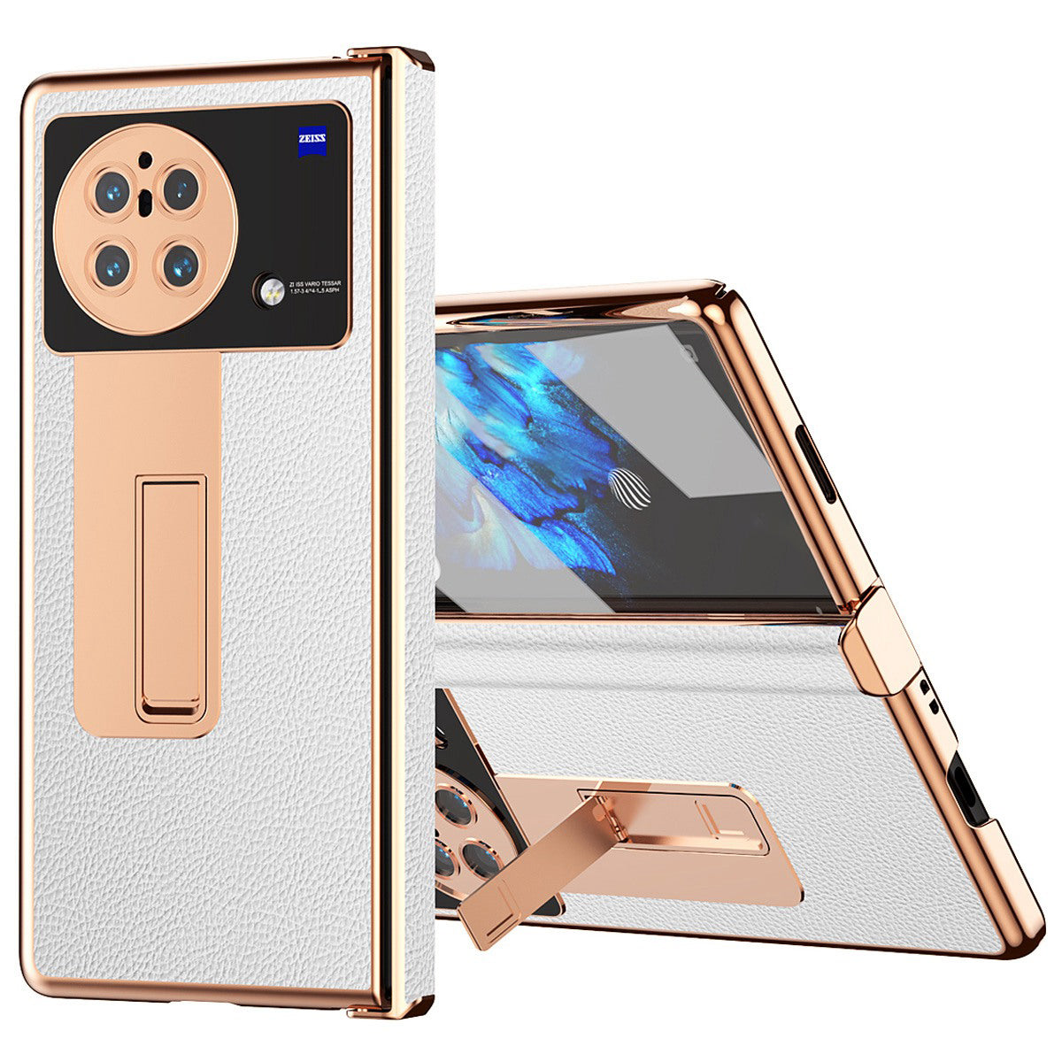 For vivo X Fold Light Thin Shockproof PU Leather + Hard PC Shell Electroplating Kickstand Case with Bulit-in Tempered Glass Screen Protector + S Pen - White