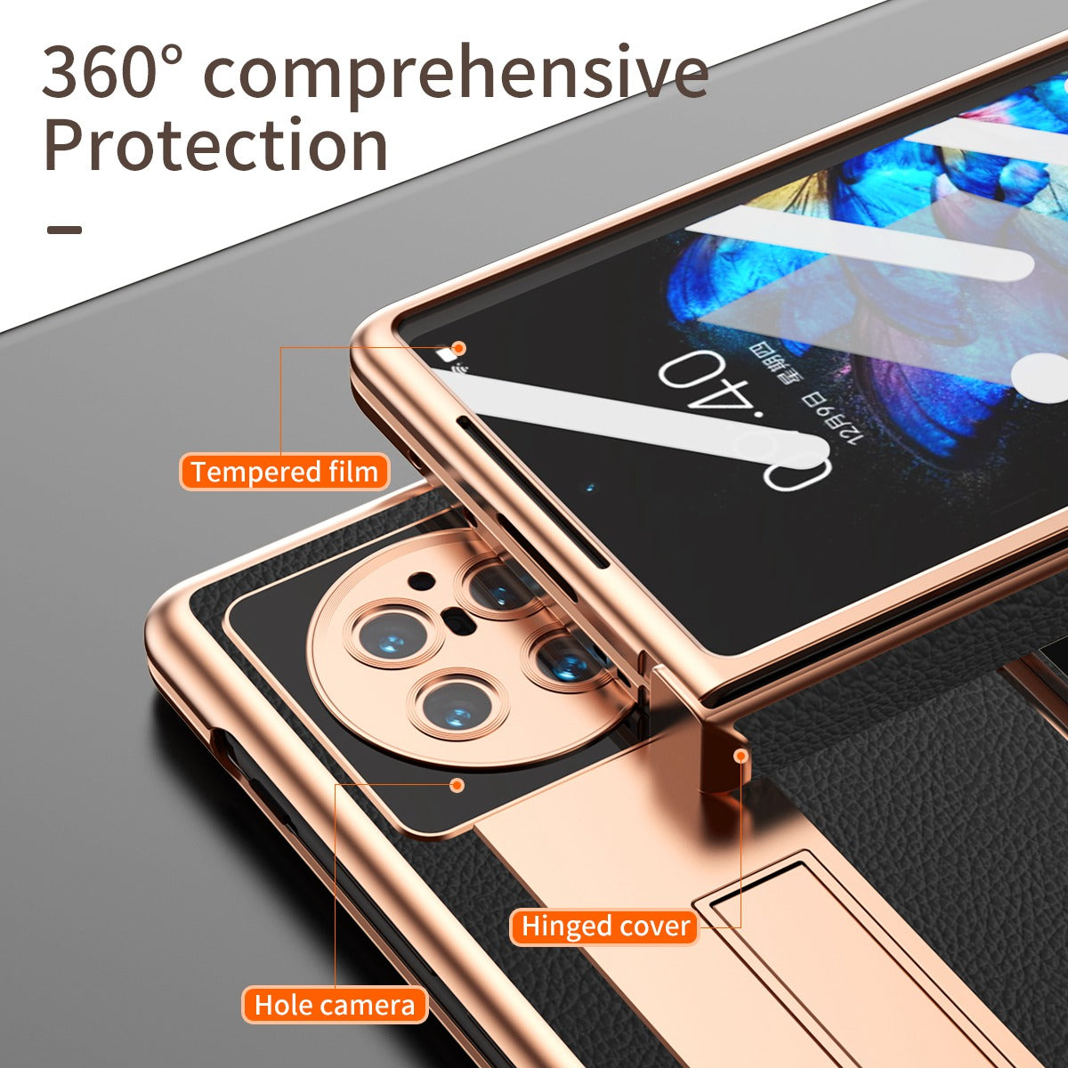 For vivo X Fold Light Thin Shockproof  PU Leather + Hard PC Shell Electroplating Kickstand Case with Bulit-in Tempered Glass Screen Protector + S Pen - Black
