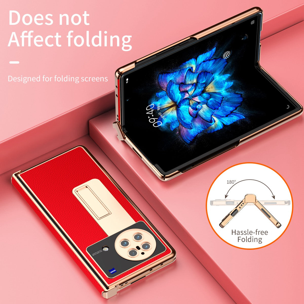 For vivo X Fold Light Thin Shockproof PU Leather + Hard PC Shell Electroplating Kickstand Case with Bulit-in Tempered Glass Screen Protector + S Pen - Red