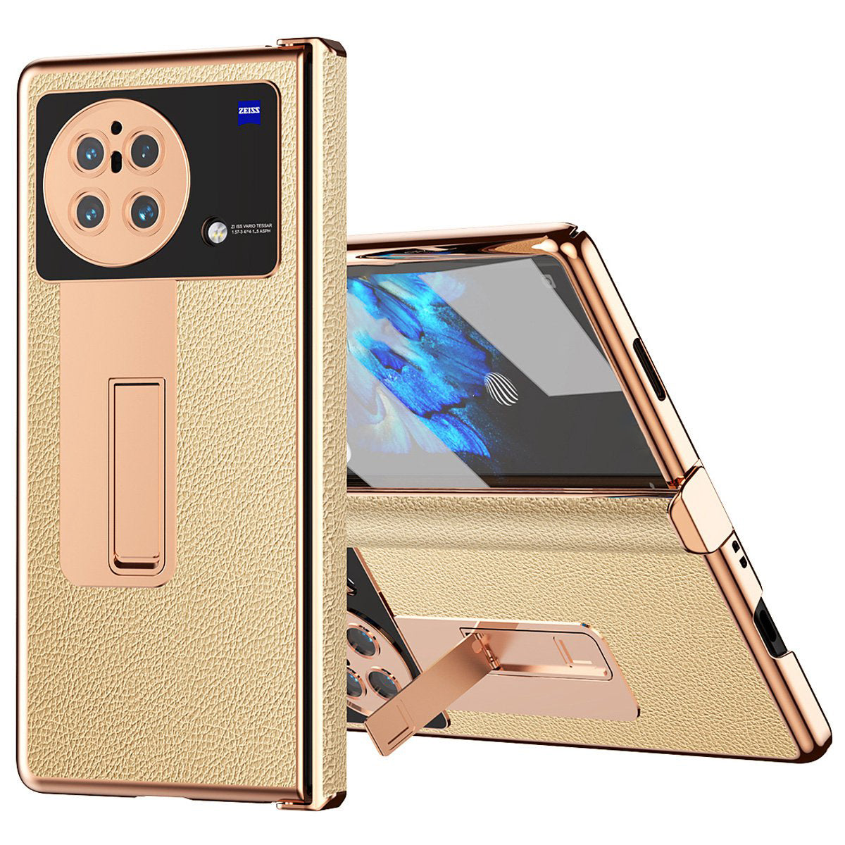 For vivo X Fold Light Thin Shockproof PU Leather + Hard PC Shell Electroplating Kickstand Case with Bulit-in Tempered Glass Screen Protector + S Pen - Gold
