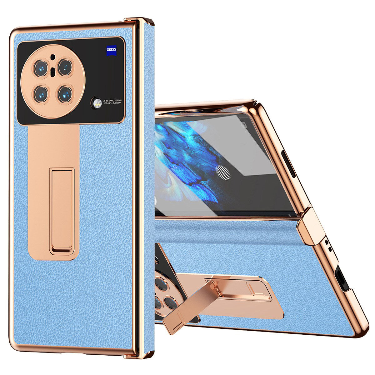 For vivo X Fold Light Thin Shockproof PU Leather + Hard PC Shell Electroplating Kickstand Case with Bulit-in Tempered Glass Screen Protector + S Pen - Blue