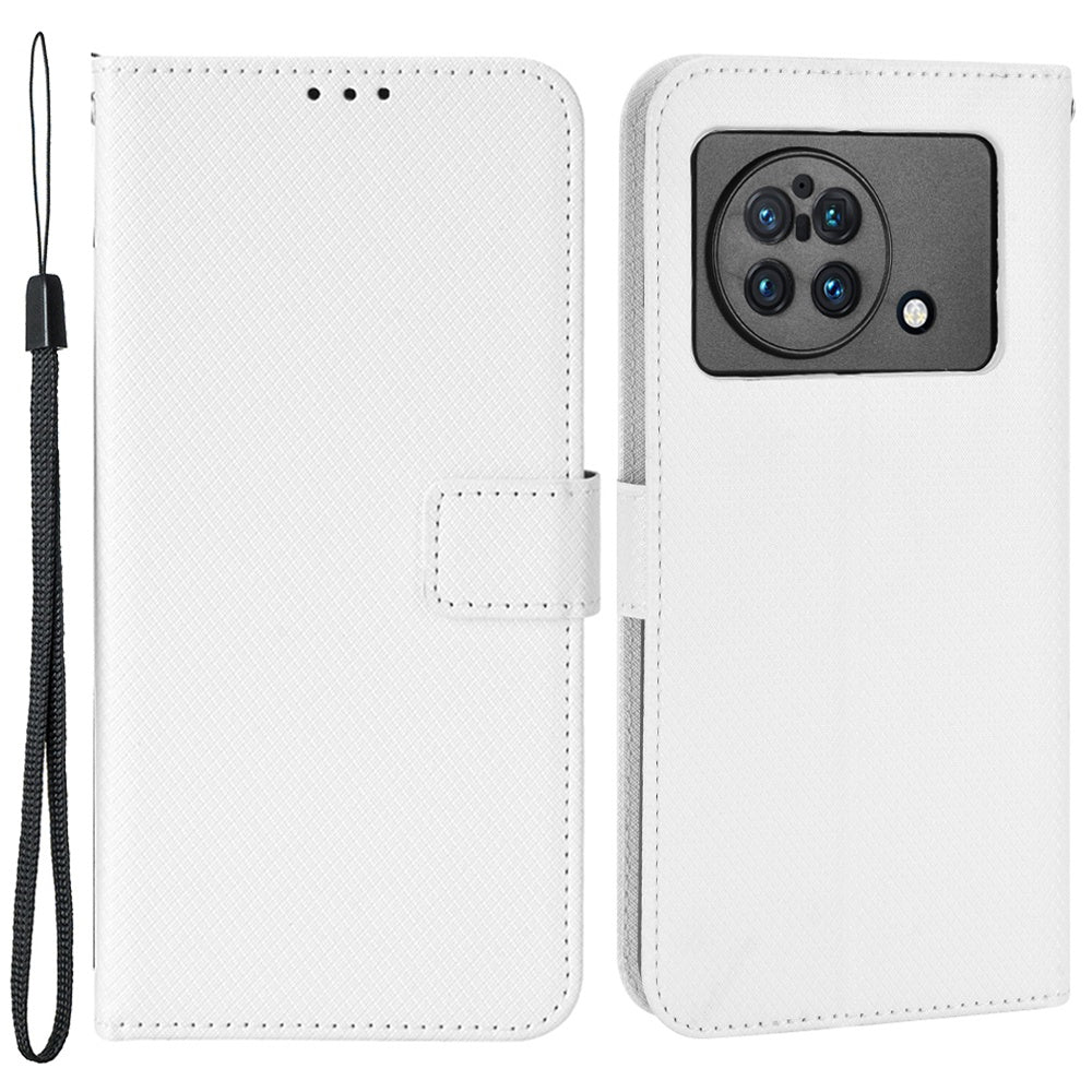 For vivo X Fold Phone Protective Case Diamond Texture Cover Stand Scratch Resistant PU Leather Wallet Soft Shell with Wrist Strap - White