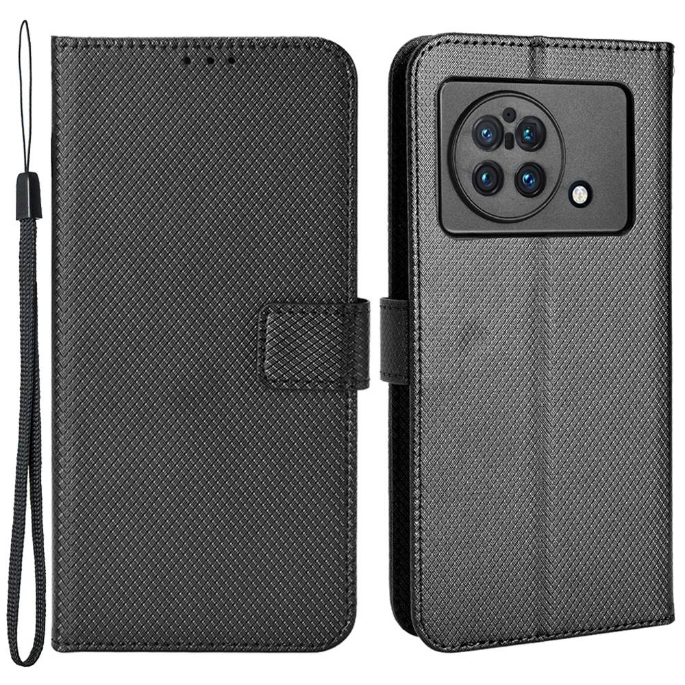 For vivo X Fold Phone Protective Case Diamond Texture Cover Stand Scratch Resistant PU Leather Wallet Soft Shell with Wrist Strap - Black