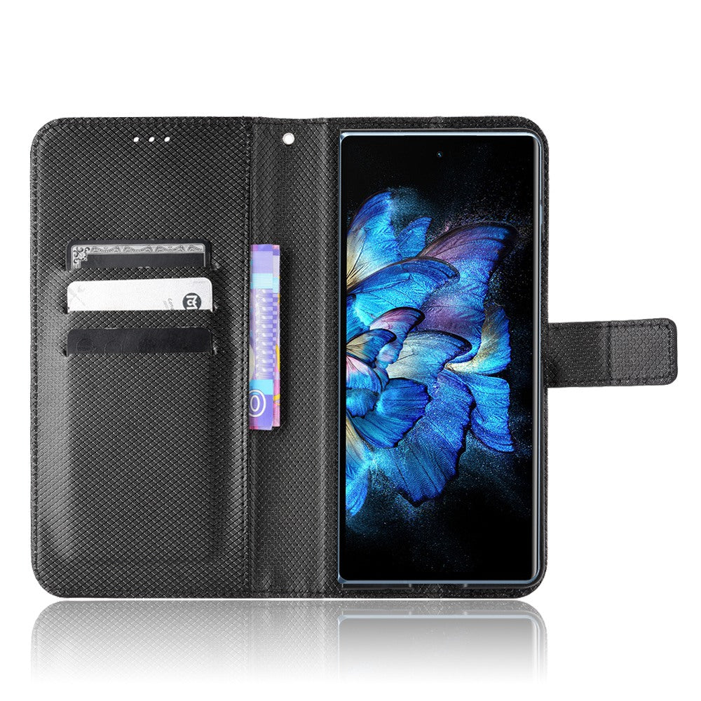 For vivo X Fold Phone Protective Case Diamond Texture Cover Stand Scratch Resistant PU Leather Wallet Soft Shell with Wrist Strap - Black