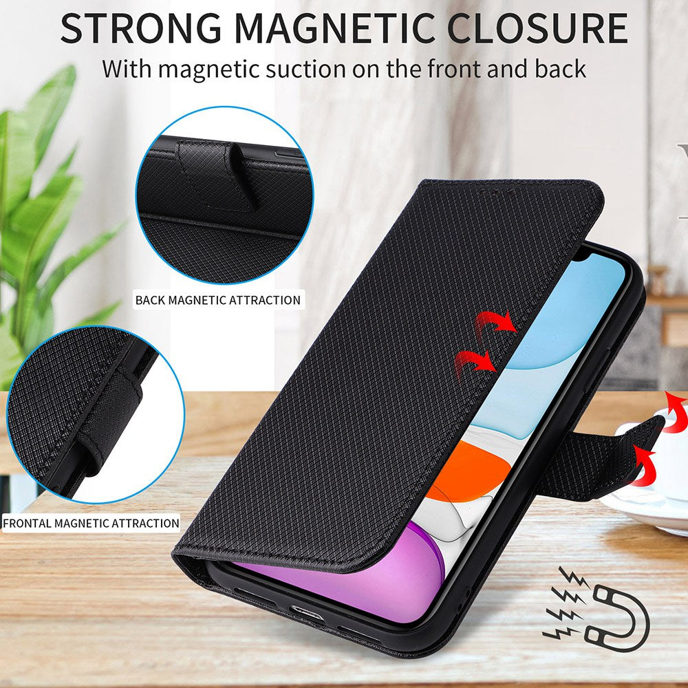 For vivo X Fold Phone Protective Case Diamond Texture Cover Stand Scratch Resistant PU Leather Wallet Soft Shell with Wrist Strap - Black