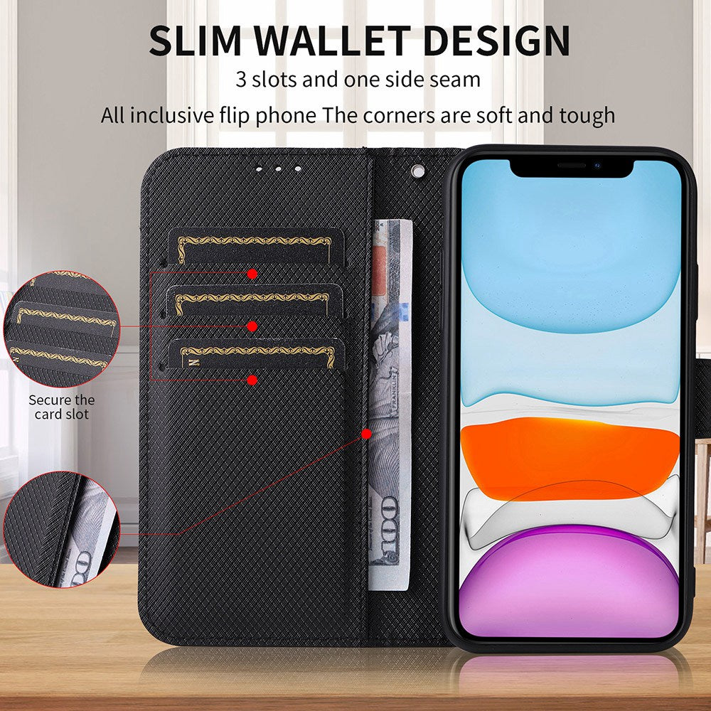 For vivo X Fold Phone Protective Case Diamond Texture Cover Stand Scratch Resistant PU Leather Wallet Soft Shell with Wrist Strap - Black