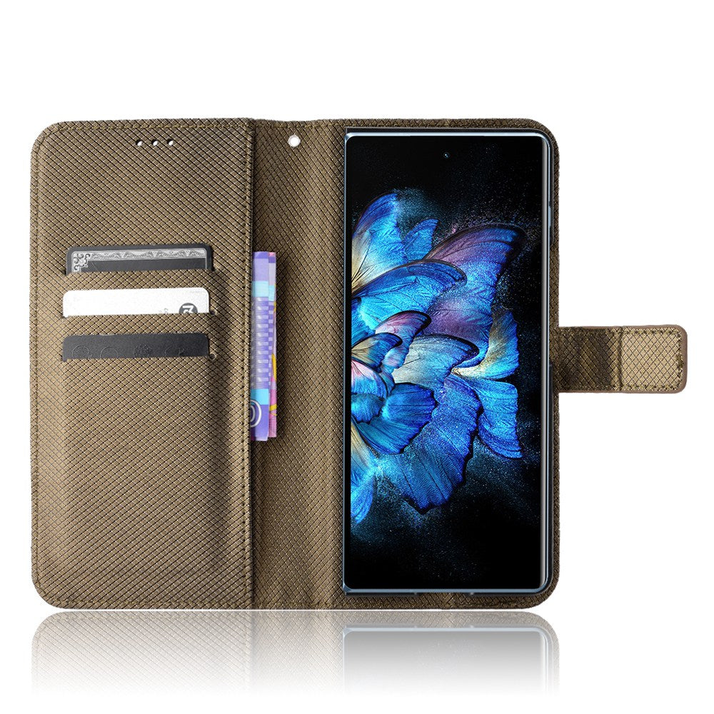 For vivo X Fold Phone Protective Case Diamond Texture Cover Stand Scratch Resistant PU Leather Wallet Soft Shell with Wrist Strap - Brown