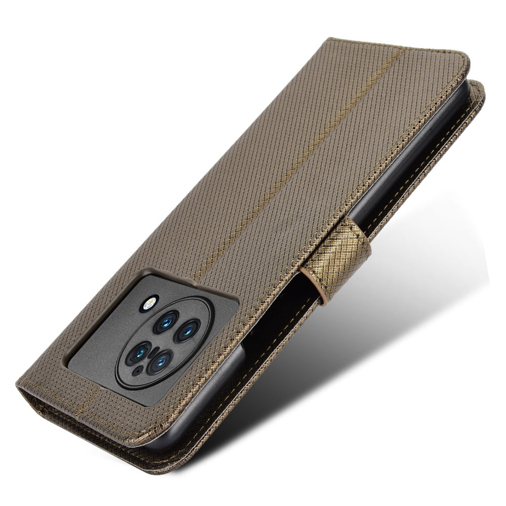 For vivo X Fold Phone Protective Case Diamond Texture Cover Stand Scratch Resistant PU Leather Wallet Soft Shell with Wrist Strap - Brown