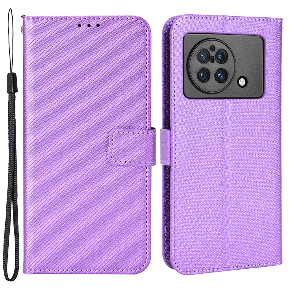 For vivo X Fold Phone Protective Case Diamond Texture Cover Stand Scratch Resistant PU Leather Wallet Soft Shell with Wrist Strap - Purple