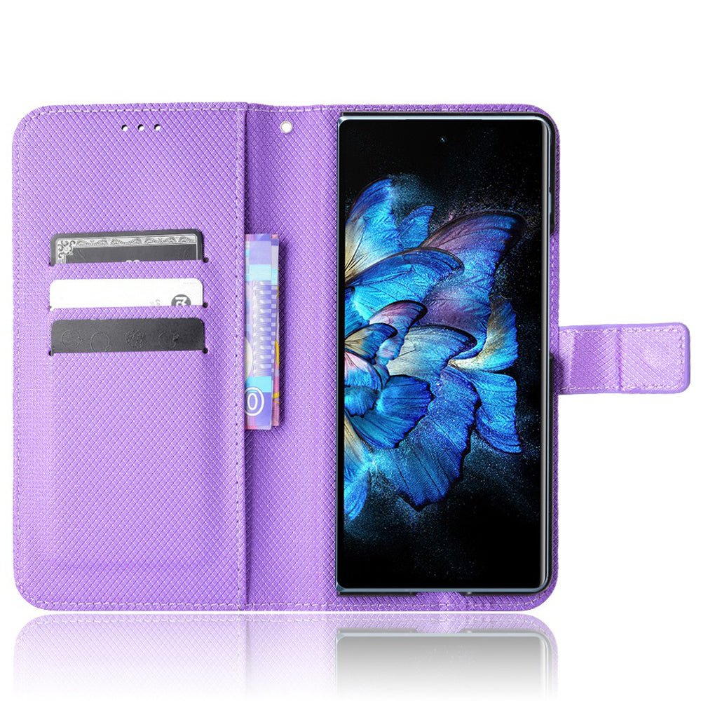 For vivo X Fold Phone Protective Case Diamond Texture Cover Stand Scratch Resistant PU Leather Wallet Soft Shell with Wrist Strap - Purple