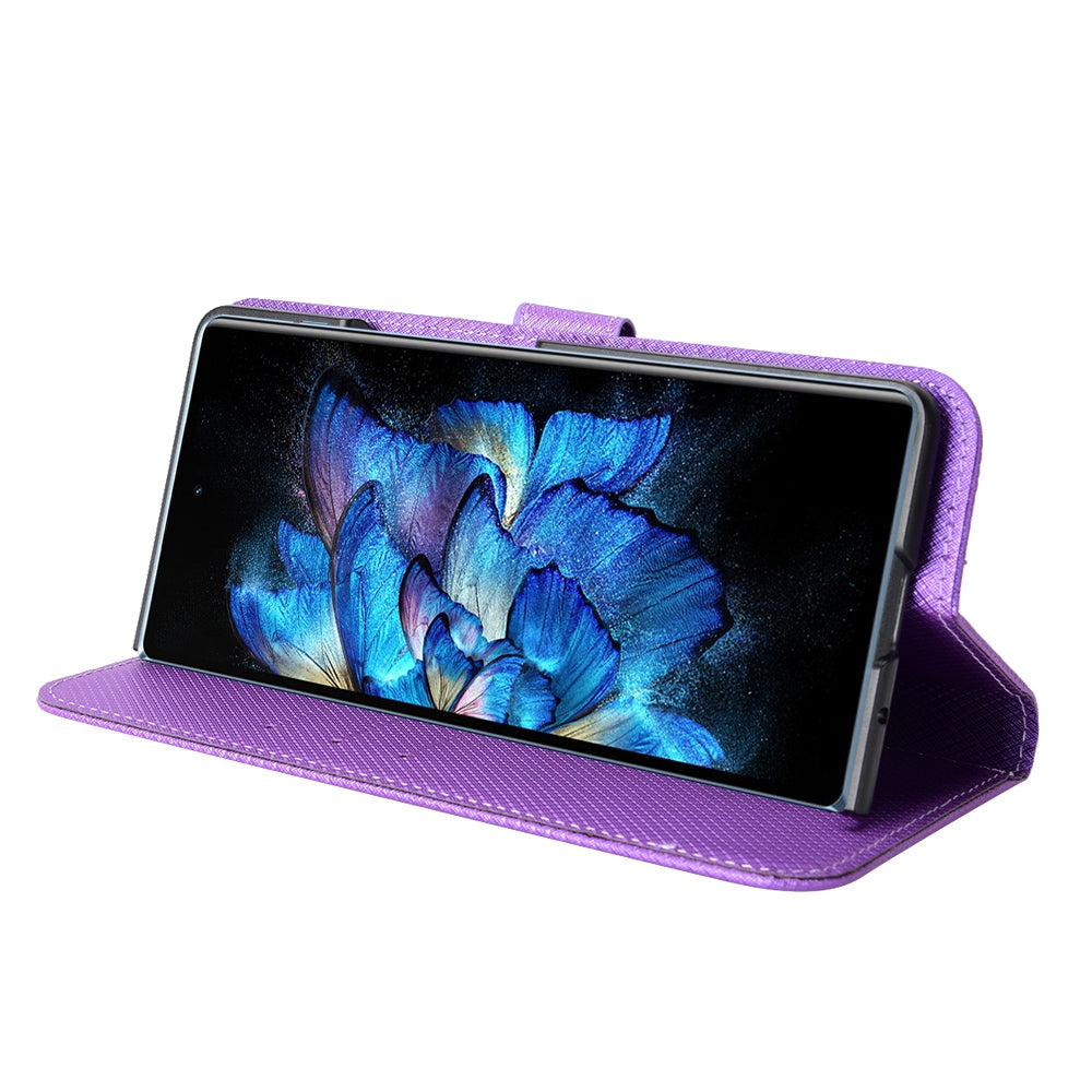 For vivo X Fold Phone Protective Case Diamond Texture Cover Stand Scratch Resistant PU Leather Wallet Soft Shell with Wrist Strap - Purple