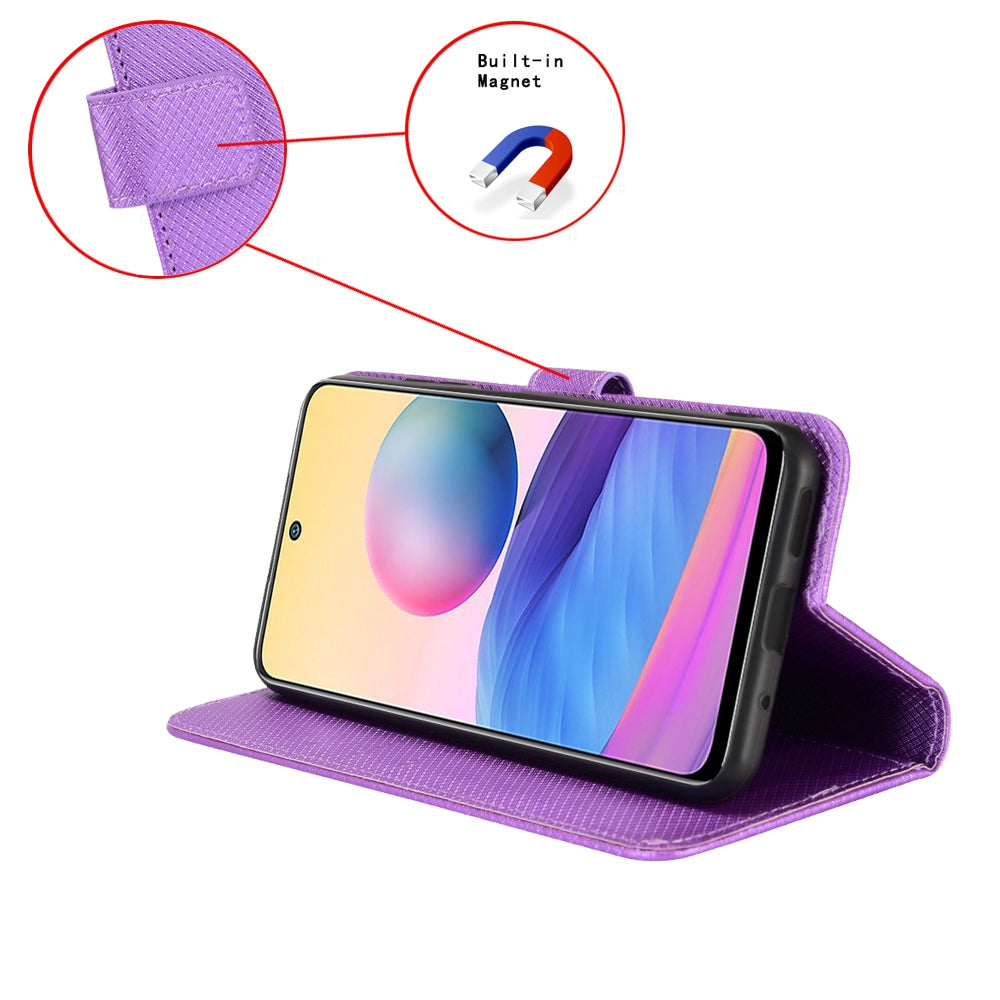 For vivo X Fold Phone Protective Case Diamond Texture Cover Stand Scratch Resistant PU Leather Wallet Soft Shell with Wrist Strap - Purple