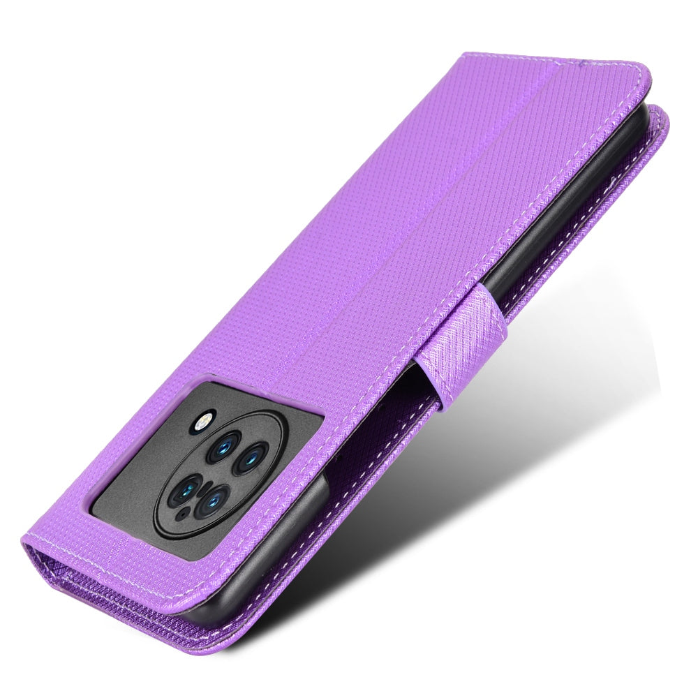 For vivo X Fold Phone Protective Case Diamond Texture Cover Stand Scratch Resistant PU Leather Wallet Soft Shell with Wrist Strap - Purple