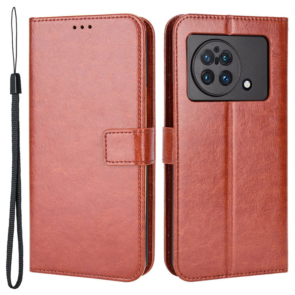 For vivo X Fold Shockproof Phone Cover Crazy Horse Texture PU Leather Covering Shell TPU Inner Phone Case with Stand Wallet - Brown