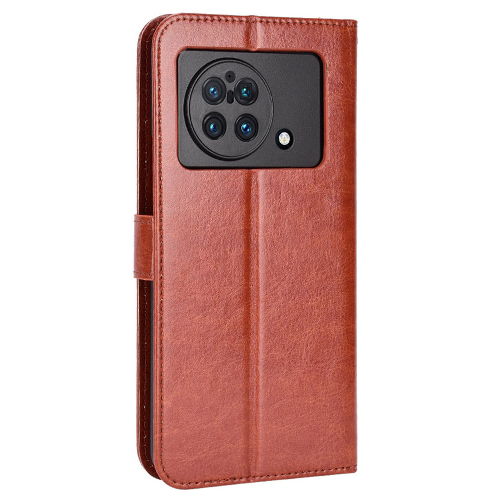 For vivo X Fold Shockproof Phone Cover Crazy Horse Texture PU Leather Covering Shell TPU Inner Phone Case with Stand Wallet - Brown