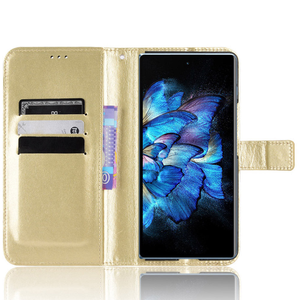 For vivo X Fold Shockproof Phone Cover Crazy Horse Texture PU Leather Covering Shell TPU Inner Phone Case with Stand Wallet - Gold