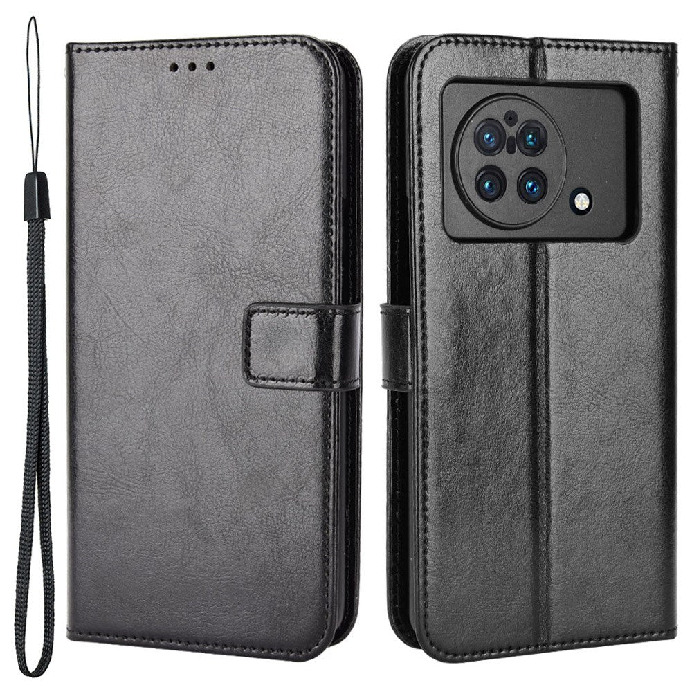 For vivo X Fold Shockproof Phone Cover Crazy Horse Texture PU Leather Covering Shell TPU Inner Phone Case with Stand Wallet - Black