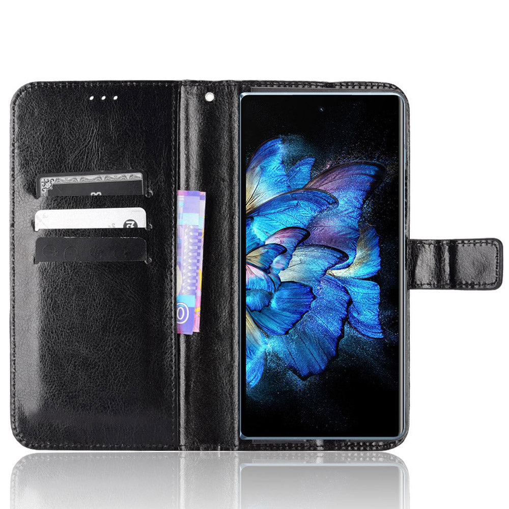 For vivo X Fold Shockproof Phone Cover Crazy Horse Texture PU Leather Covering Shell TPU Inner Phone Case with Stand Wallet - Black