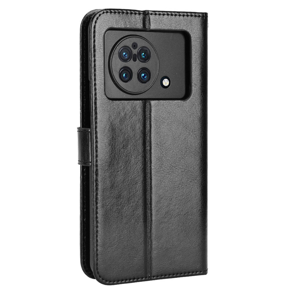 For vivo X Fold Shockproof Phone Cover Crazy Horse Texture PU Leather Covering Shell TPU Inner Phone Case with Stand Wallet - Black