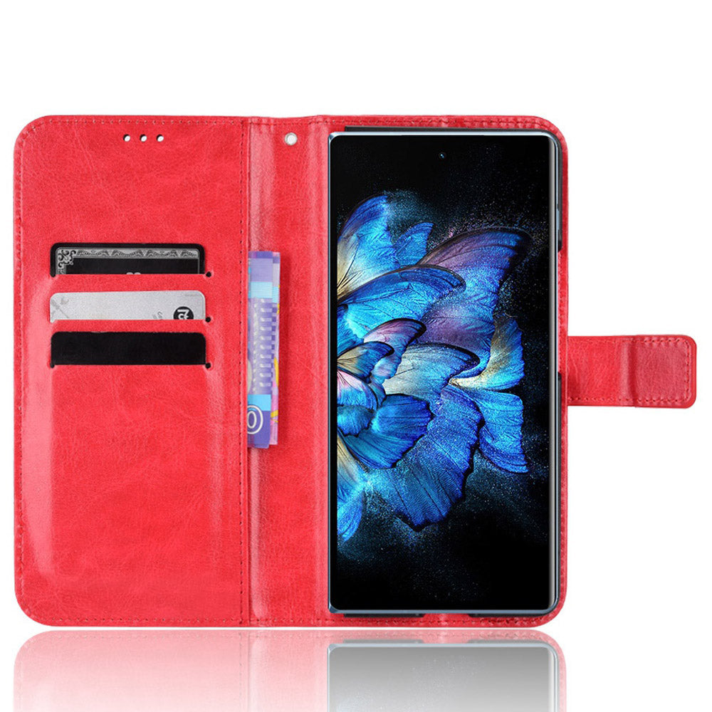 For vivo X Fold Shockproof Phone Cover Crazy Horse Texture PU Leather Covering Shell TPU Inner Phone Case with Stand Wallet - Red