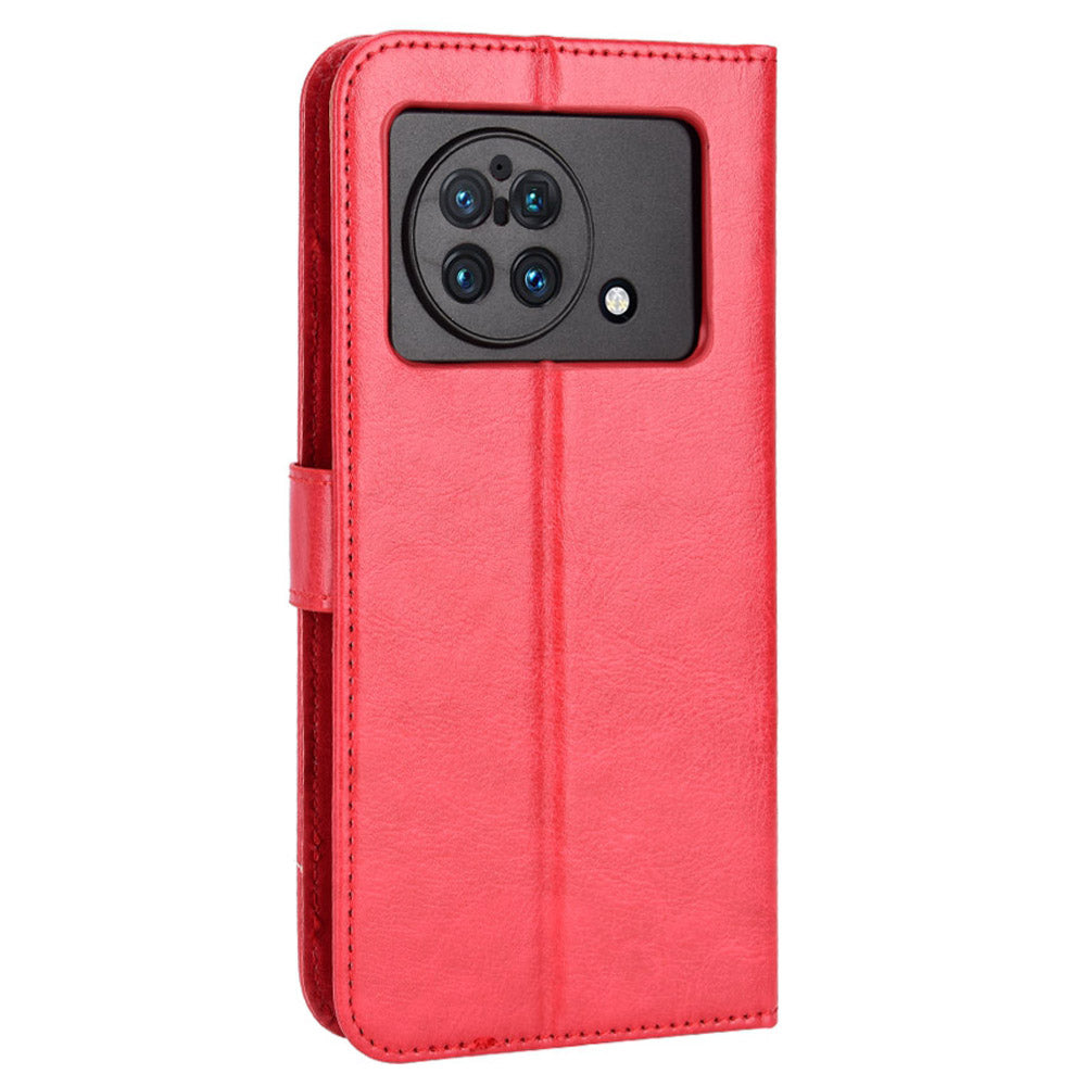 For vivo X Fold Shockproof Phone Cover Crazy Horse Texture PU Leather Covering Shell TPU Inner Phone Case with Stand Wallet - Red