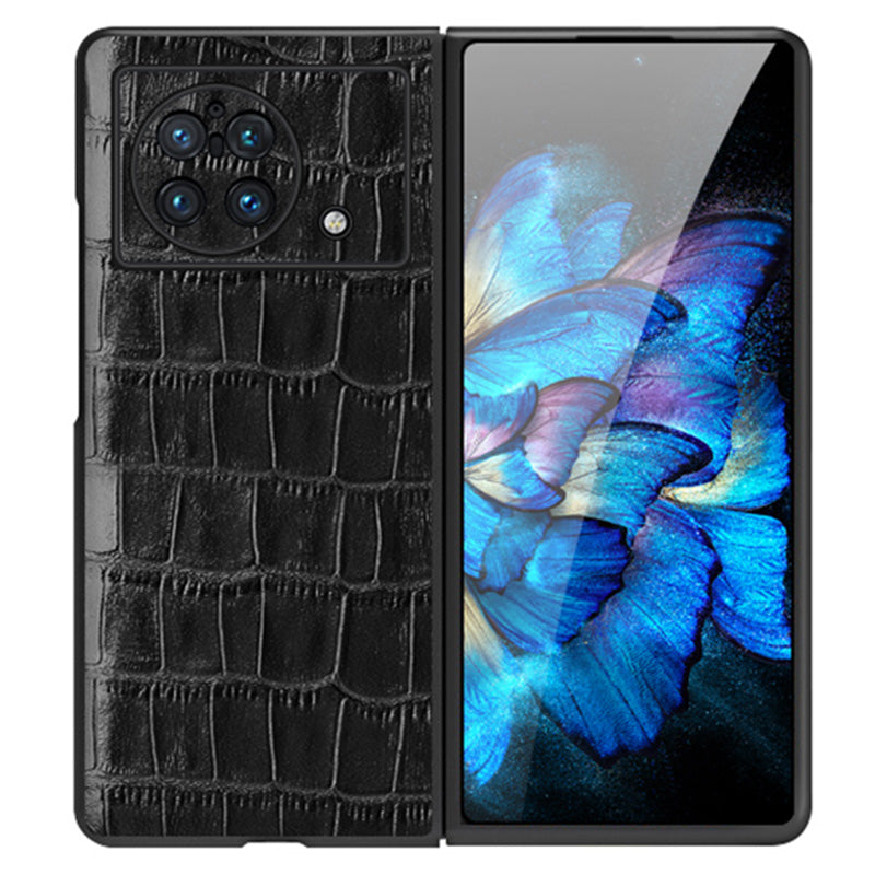 For vivo X Fold Genuine Cowhide Leather Coated TPU Case Crocodile Texture Soft Non-Slip Grip Folding Screen Phone Cover - Black