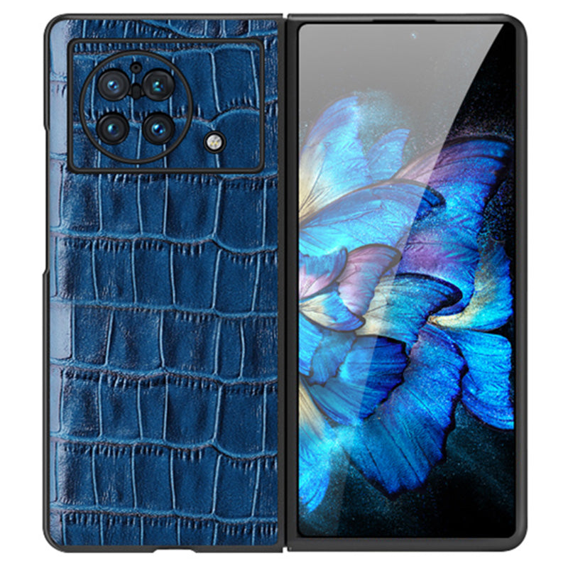 For vivo X Fold Genuine Cowhide Leather Coated TPU Case Crocodile Texture Soft Non-Slip Grip Folding Screen Phone Cover - Blue