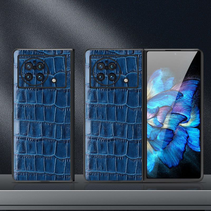For vivo X Fold Genuine Cowhide Leather Coated TPU Case Crocodile Texture Soft Non-Slip Grip Folding Screen Phone Cover - Blue