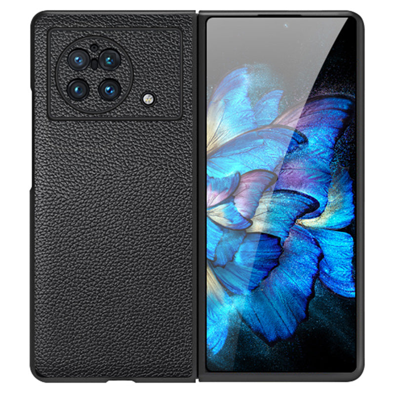 For vivo X Fold Litchi Texture Genuine Leather Cowhide Leather Coated PC Phone Case Protective Back Cover - Black