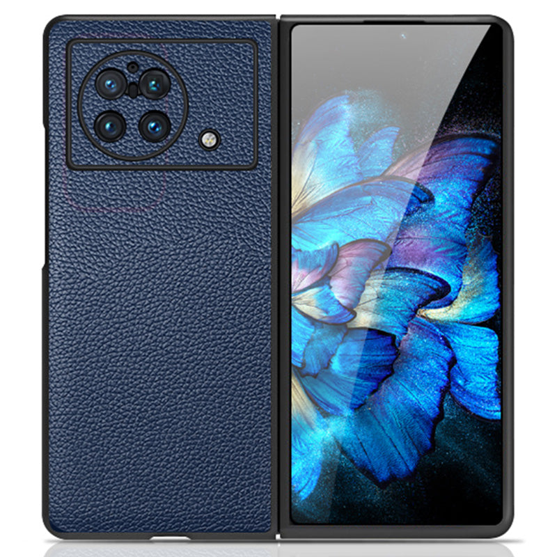 For vivo X Fold Litchi Texture Genuine Leather Cowhide Leather Coated PC Phone Case Protective Back Cover - Blue