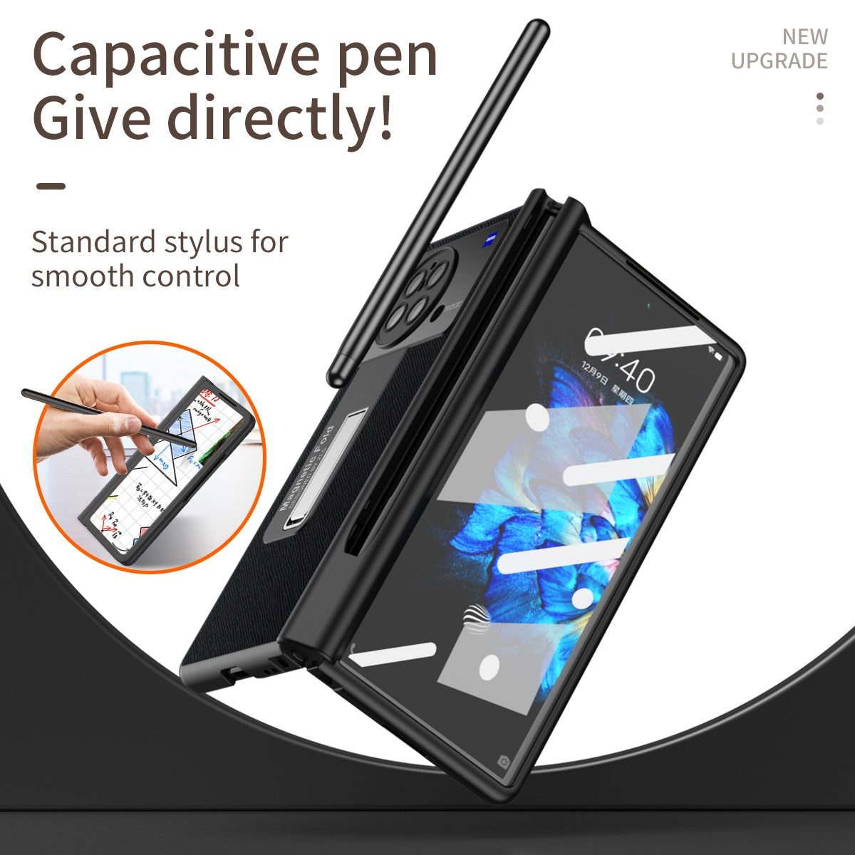 For vivo X Fold Shockproof Phone Case PU Leather + Hard PC Protective Shell Kickstand Case with Stylus - Black